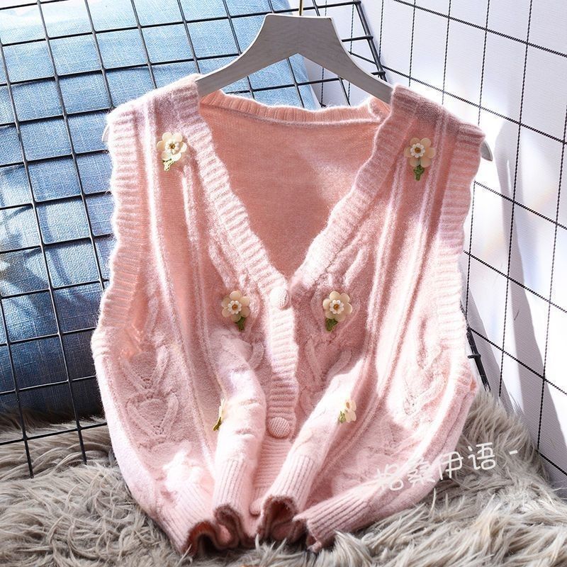 해피유통여성 봄 시즌 니트 V넥 민소매 조끼 심플 꽃자수 루즈핏bhf 16,940원