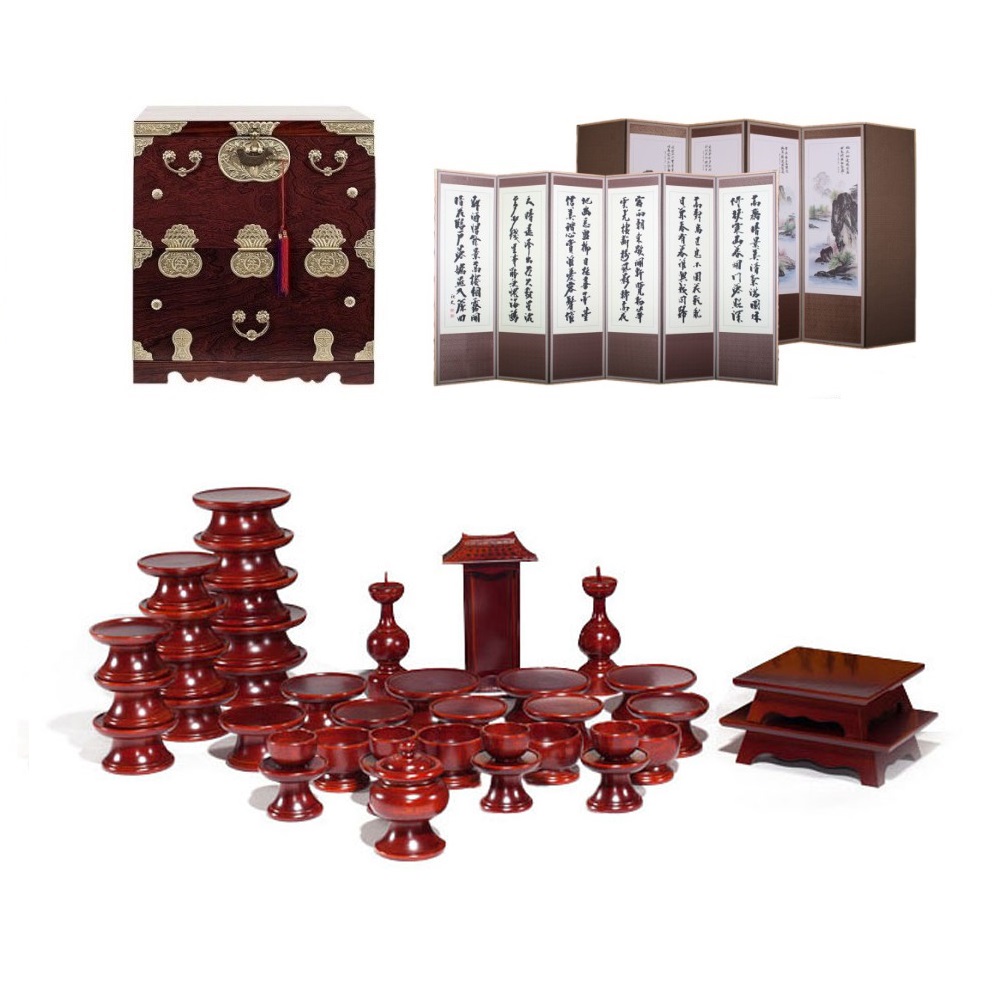 패키지 문화재 오리목 제기 39p + 남원 오동나무 앞닫이 제기함 + 남원목기공예 옥비단 산수화 추사한시 6폭 병풍 659,000원