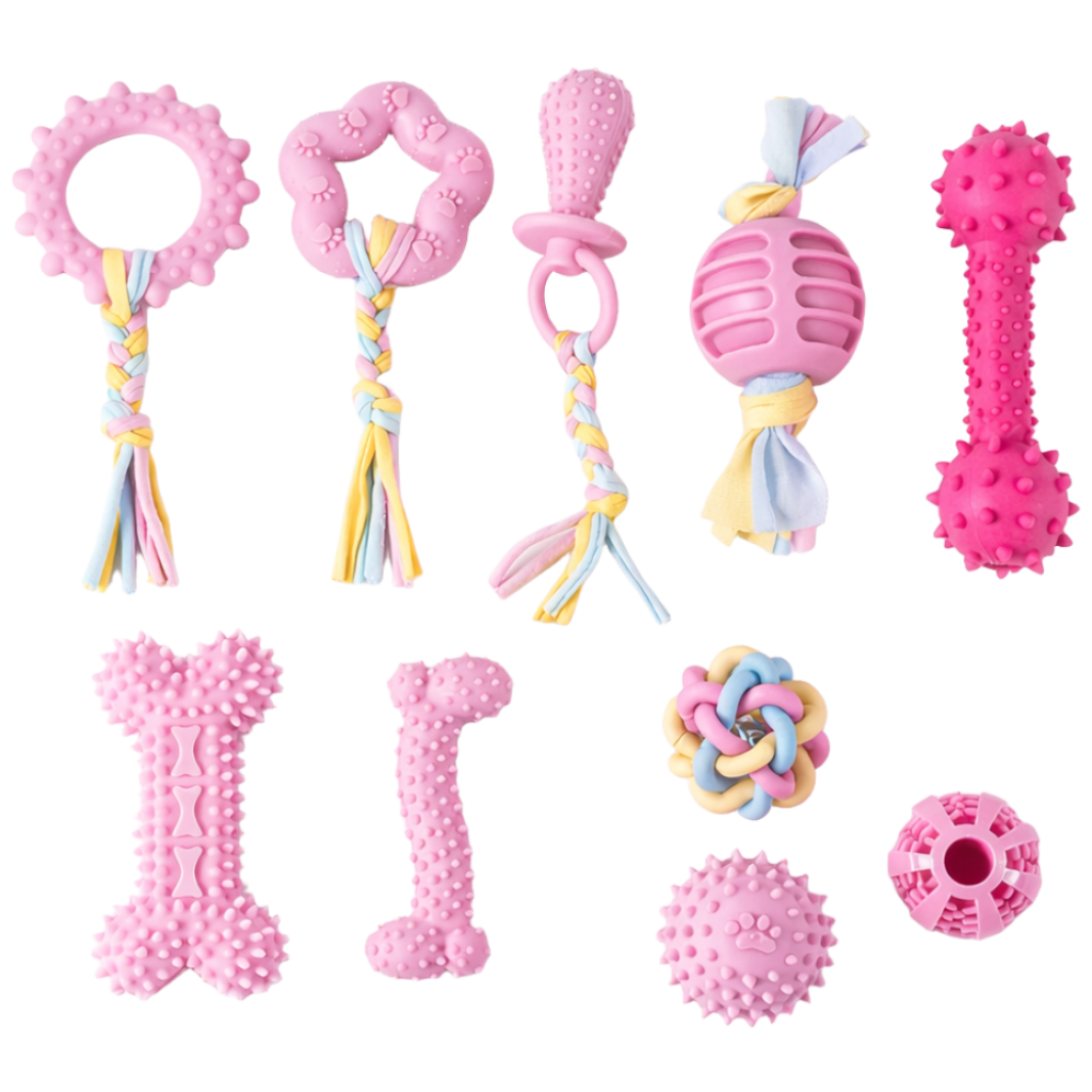 뜬다핑 강아지 터그 이갈이 씹기 고무 장난감 10종 세트 구강관리 치석 스트레스 해소, 1세트, 핑크 19,800원
