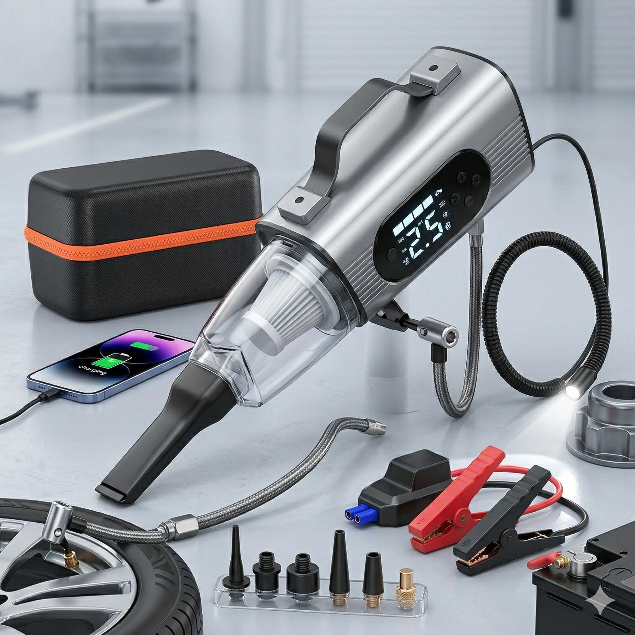 SOVI8합1 타이어 공기압 주입기 점프스타터 차량용청소기 진공 펌프 경광등 점프선 LED 보조배터리 축구공 바람 주입기 자전거 바람 주입기, 1개 120,000원