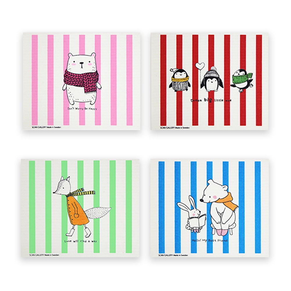 스웨덴 직수입 스칸갤러리 셀룰로오스 항균 99.9% 행주 프렌즈 4종세트, 1세트 22,500원