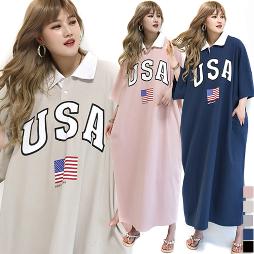 통통마녀 ] USA 카라 반팔 롱 원피스  5컬러 / 오버사이즈 / 6XL 29,700원
