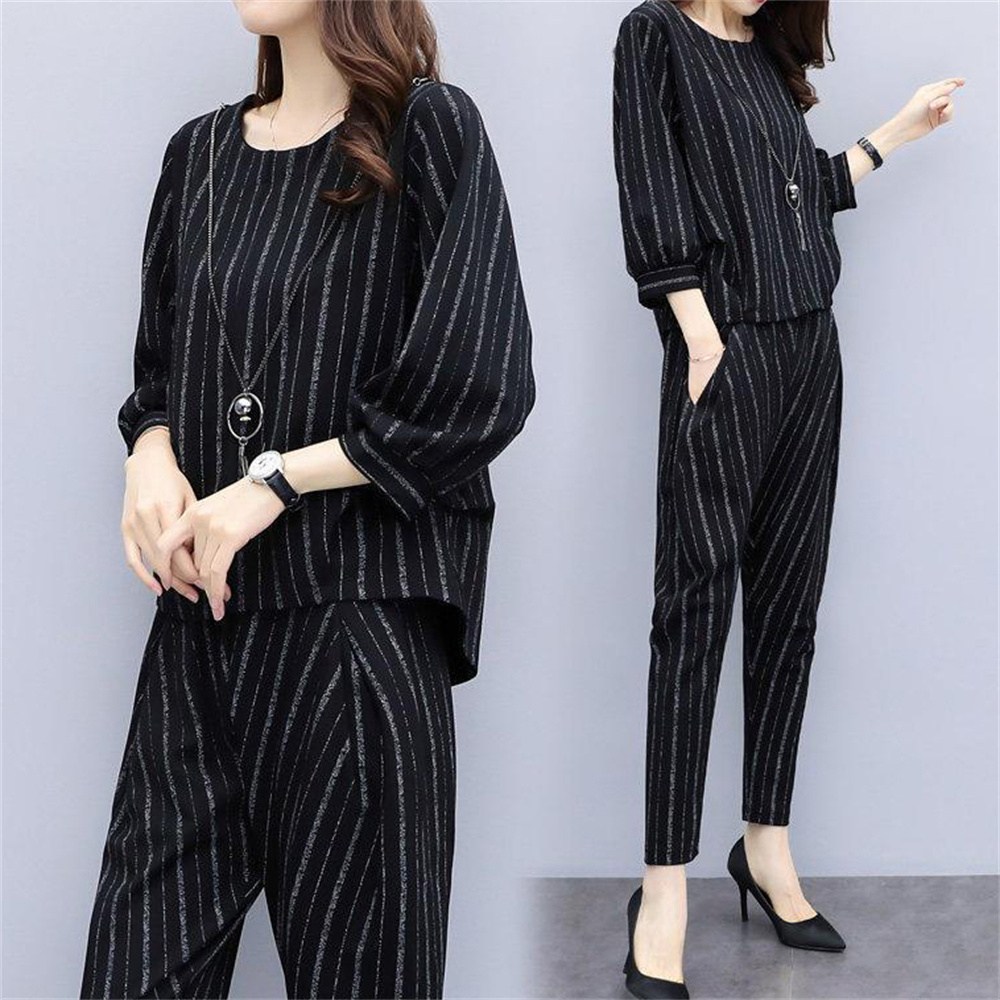 Vezri 여성 봄가을 캐주얼 스트라이프 긴팔 세트업 편안한 헐렁한 정장 26,590원