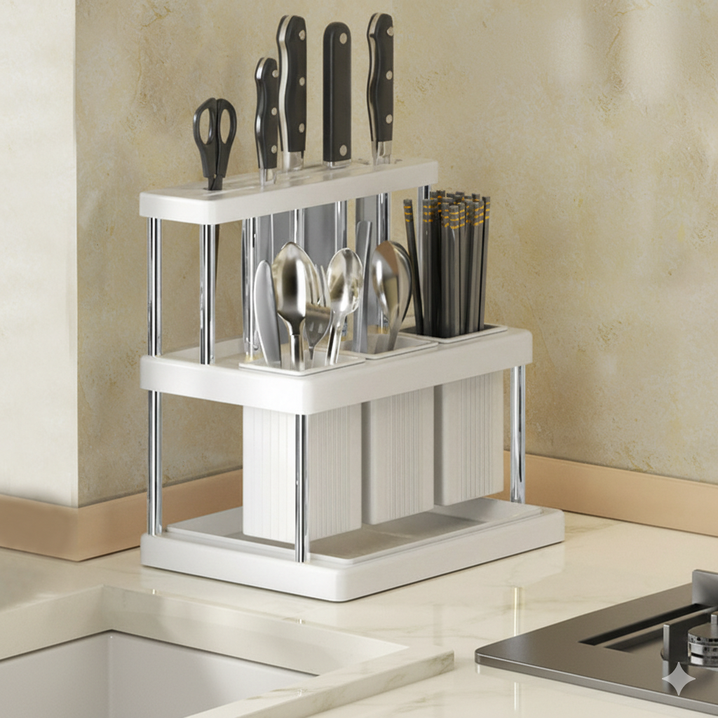 쿠쏘 대용량 물빠짐 수저통 칼꽂이 23 x 25 x 16 cm, 화이트 + 실버, 1개 11,140원