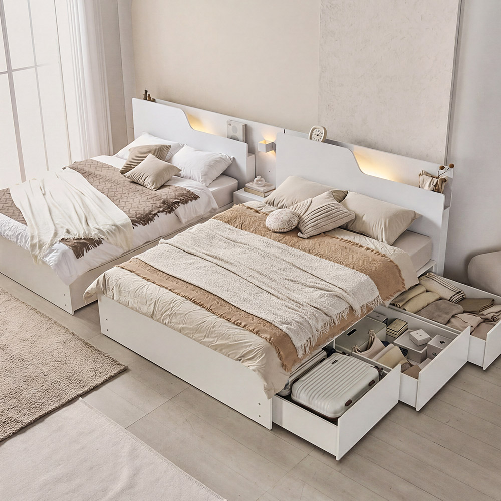 상일리베가구 플로 트윈 부부 호텔 벙커 빅서랍 수납침대 프레임 SS 2개+협탁1EA, 투톤메이플 589,000원