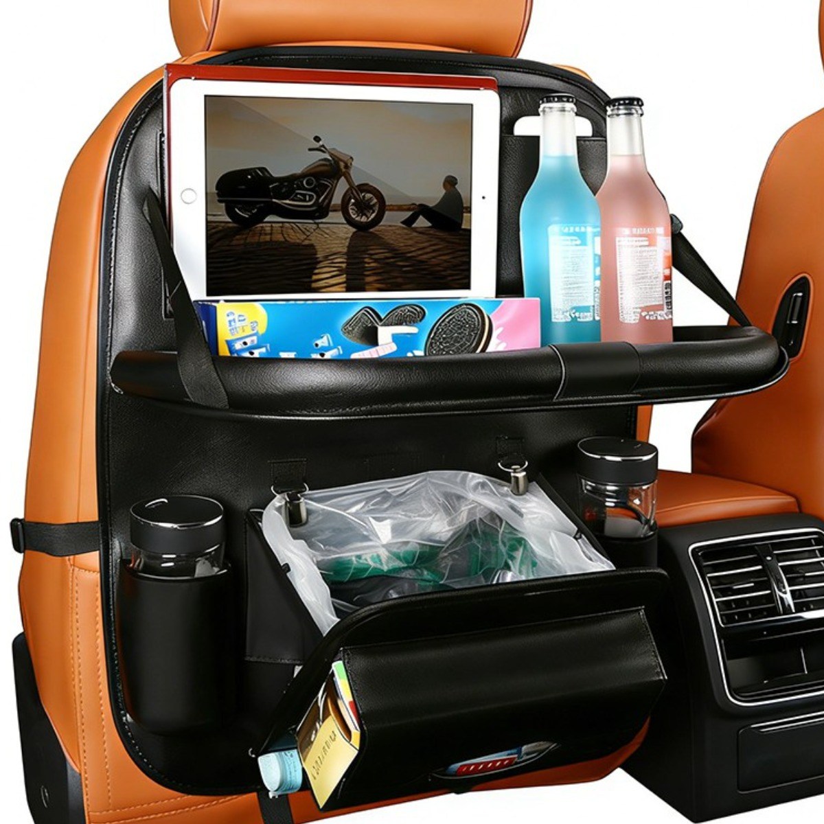 VIX Group 차량용 뒷좌석 수납포켓 깔끔한 차속공간 쓰레기통 홀더 수납함 거치대 가죽 정리수납가방 테이블, 블랙, 1개 17,600원