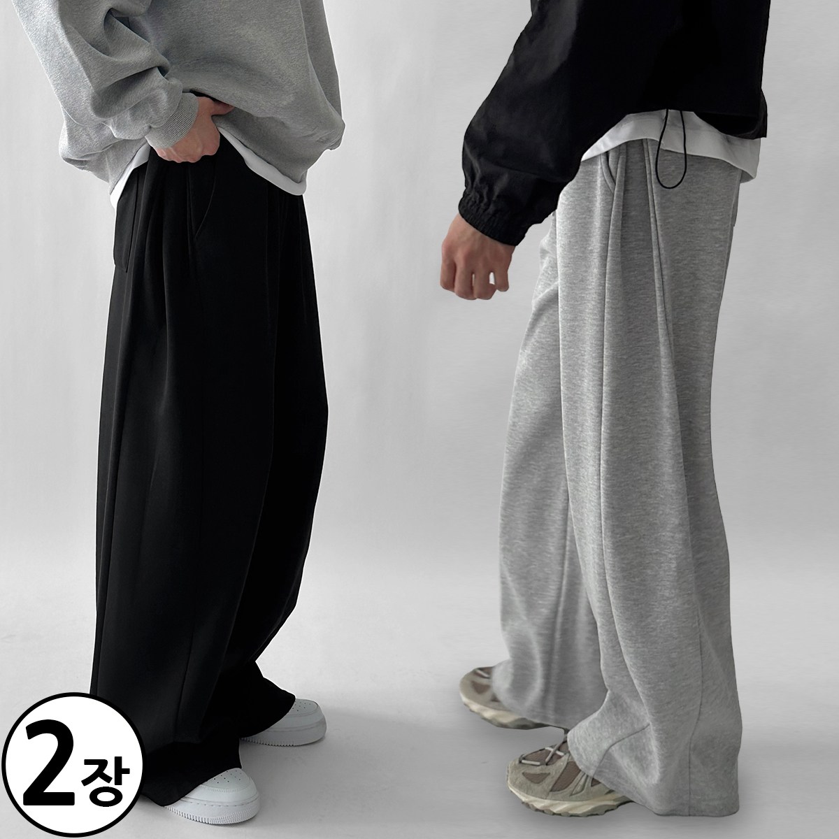 [기획상품,1+1] 두장묶음 빠델 사이드핀턱 벌룬 와이드 트레이닝 스웻 커브드 팬츠 회색 트레이닝팬츠 39,800원