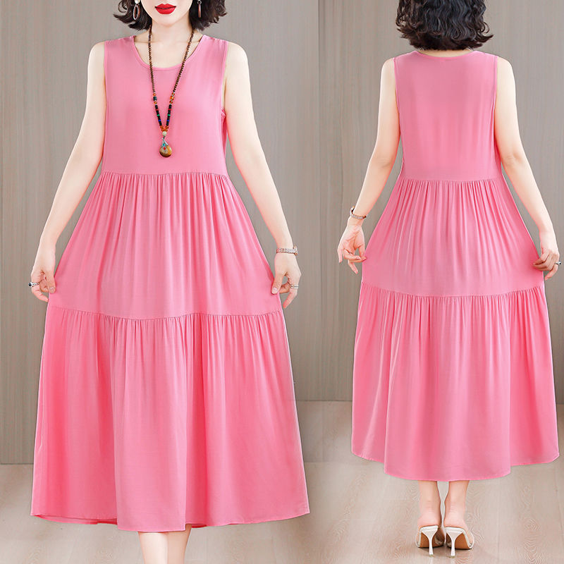 WEIHAN 여성 빅사이즈 나시 롱 원피스 루즈핏 비치 원피스 민소매 라운드 캉캉 원피스 바캉스룩 19,800원