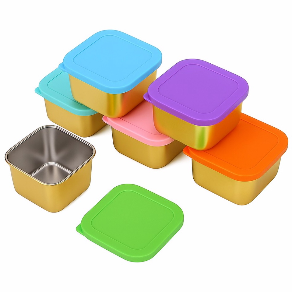 [엘리펀트] 무늬없는 실리콘 뚜껑 스테인리스 사각 소스컵 6P 세트 실버 골드 깔끔보관 밀폐 반찬용 도시락 소스통, 6개, 골드 23,900원