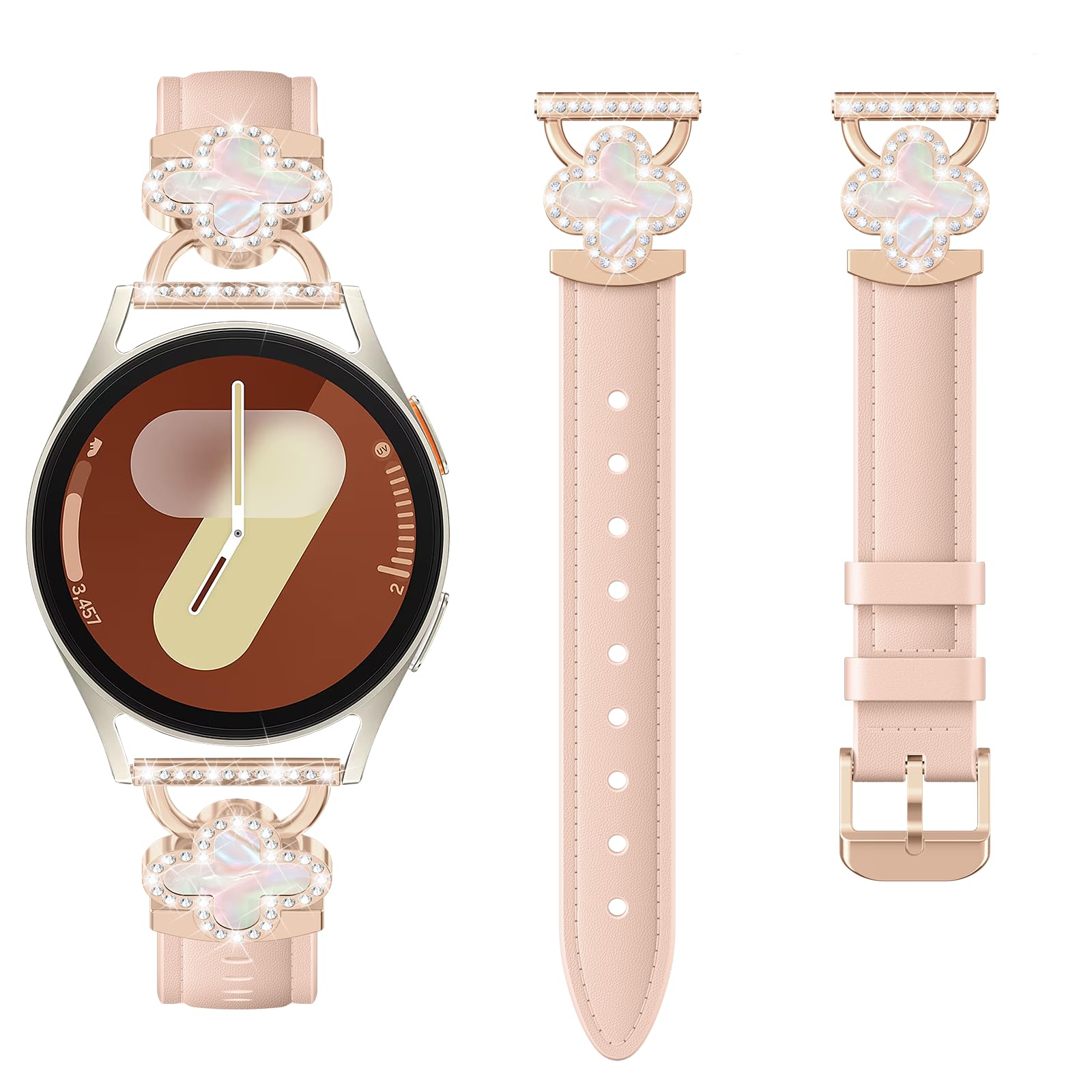 밴드톡 갤럭시워치 호환 큐빅 체인 네잎 클로버 슬림 가죽 스트랩 20mm, 핑크 18,900원
