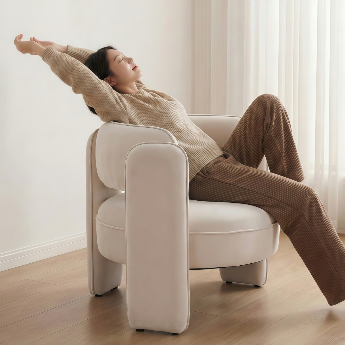 다야레인 모던 1인용쇼파 푹신한 벨벳 라운지 오픈 등받이 수유의자 배럴 원목 프레임, 베이지 195,200원