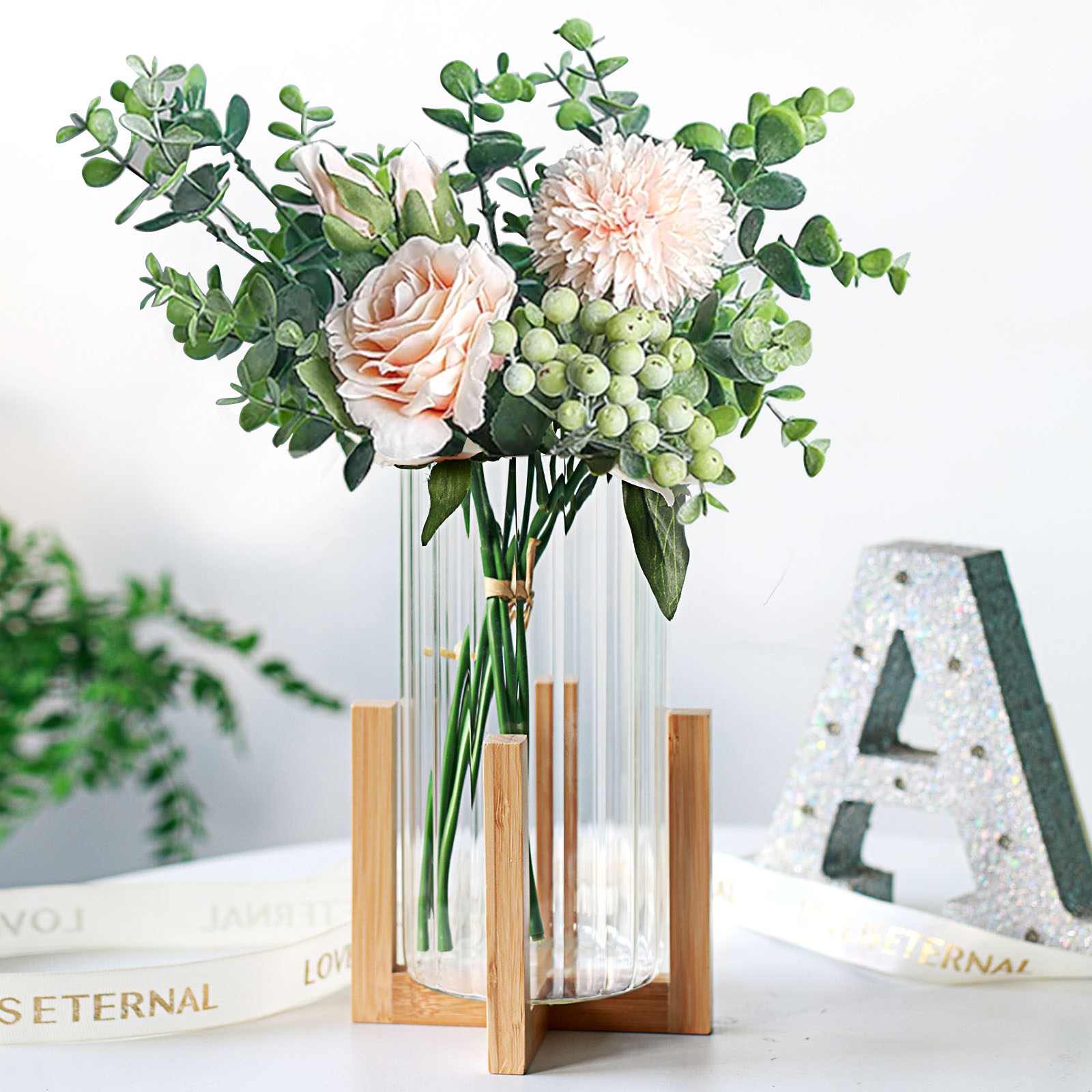 Etolies 나무 받침대 투명한 꽃병 투명 화병 꽃병 원형 실린더 수경재배 인테리어 화병, 투명 16,000원