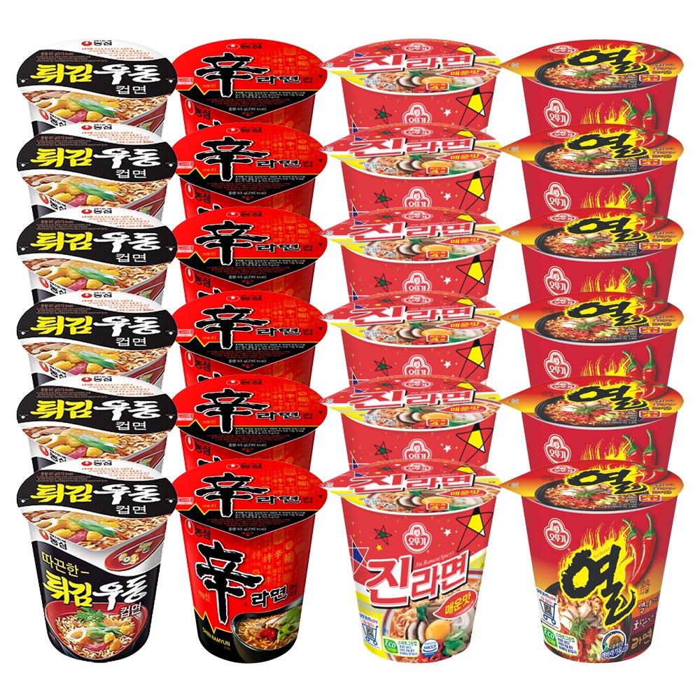 [더블비] 컵라면 소컵 1box 신라면 6개+진라면 6개+열라면 6개+튀김우동 6개 농심 오뚜기 합24개입 29,900원