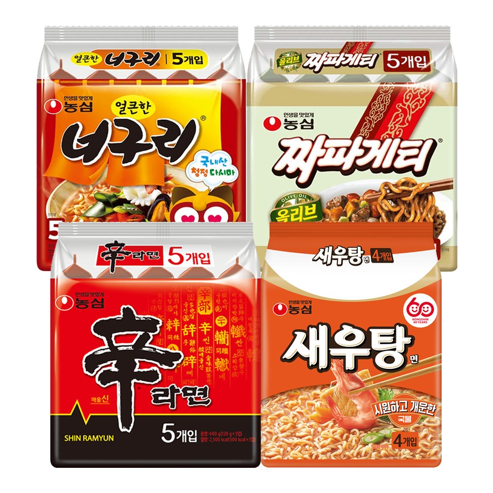 농심 오뚜기라면 봉지라면세트 (짜파게티더블랙4+참깨라면4+신라면5+너구리5) 20,030원