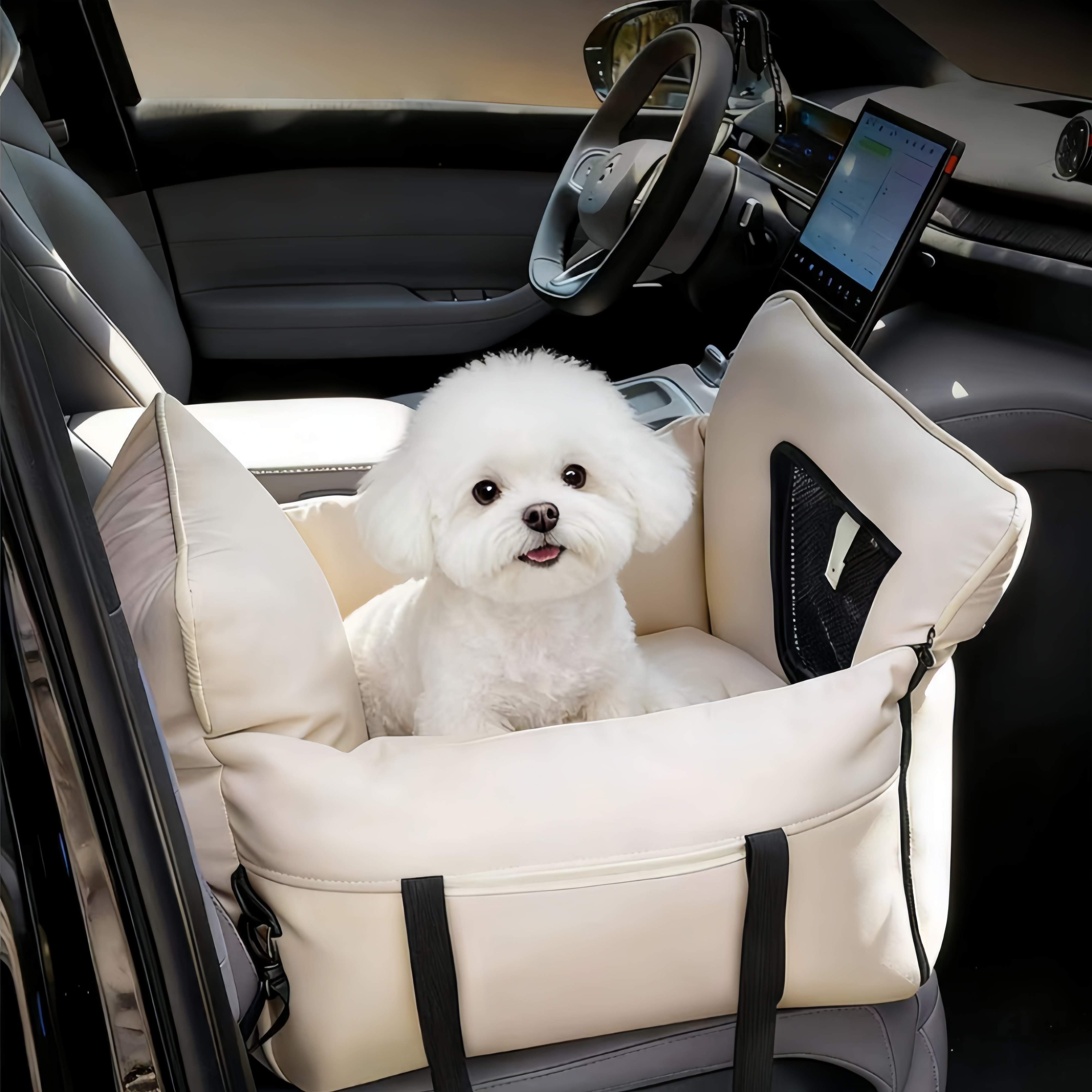 메이썬 강아지 카시트 반려동물 애견 차량용 가죽 이동가방 쿠션형 휴대용, 1개, 베이지 34,980원