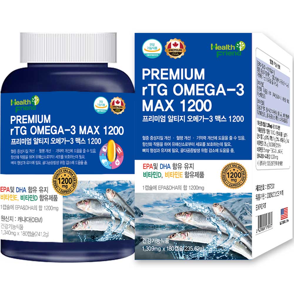 헬스프랜드 미국 프리미엄 rTG 알티지 오메가3 1200 6개월분 EPA DHA 비타민D 비타민E 함유 혈행개선 영양제, 180정, 1개 34,900원