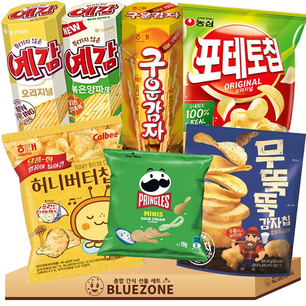 [블루존] 감자 과자 세트 프링글스 어니언19g 구운감자27g 예감 오리지널64g 볶음양파64g 허니버터칩60g 포테토칩60g 무뚝뚝감자칩60g, 1박스, 혼합 16,500원