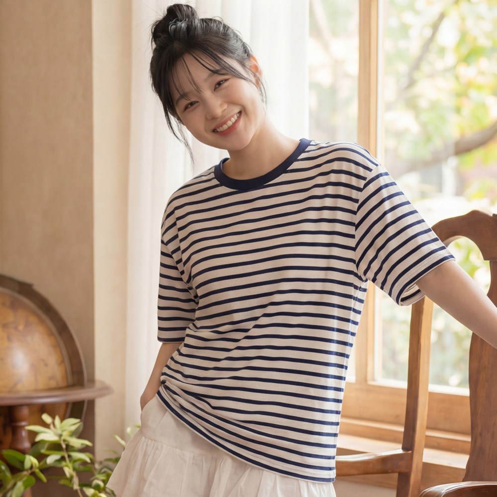 라뷰드 여성 라운드넥 줄무늬 반팔 티셔츠 봄가을 여름 데일리 스트라이프 상의 기본 심플 루즈핏 오버핏 단가라 반팔티 8,900원