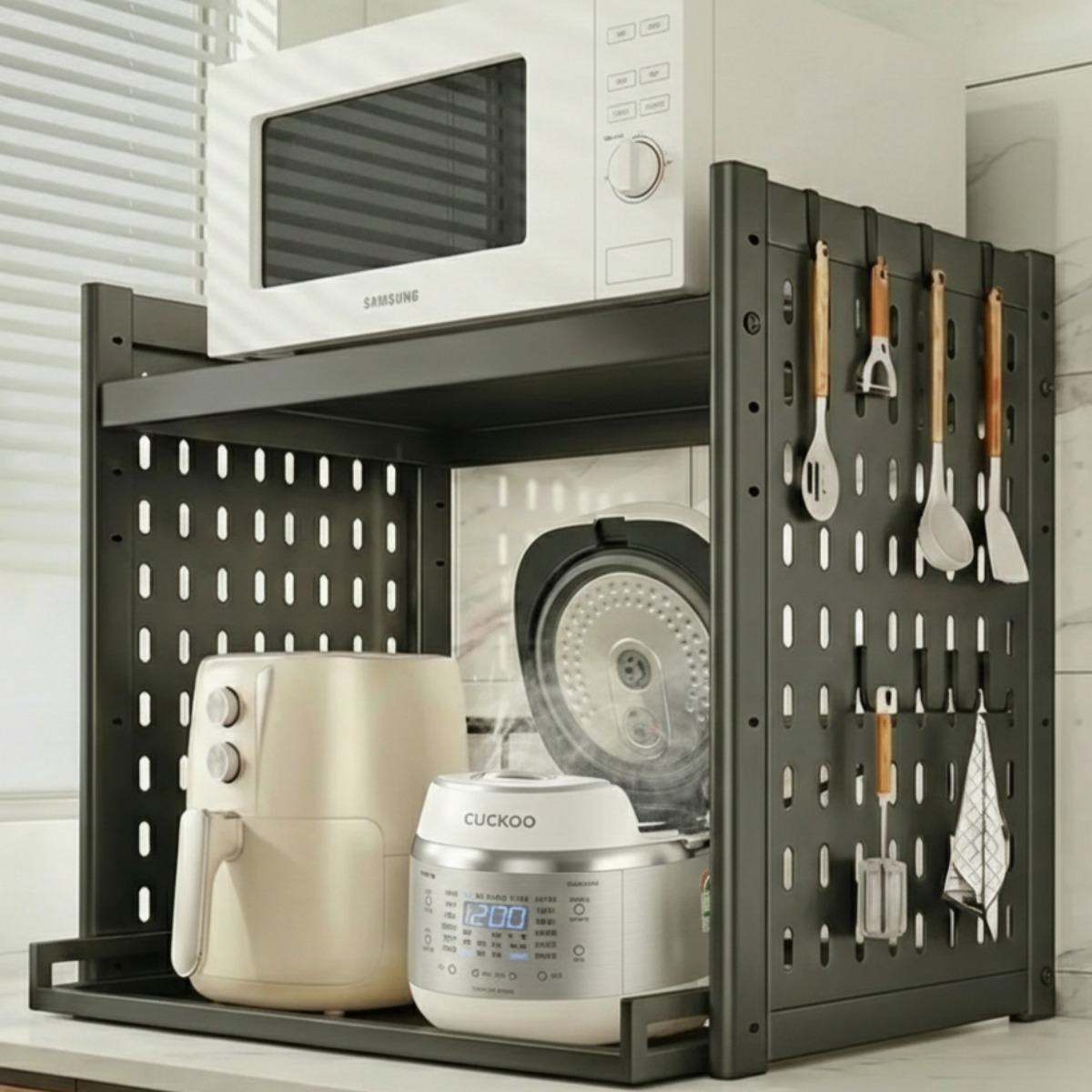 루트앤샵 높이조절 철제 슬라이드 전자레인지선반 2단 주방 선반, 그레이, 1개 84,000원