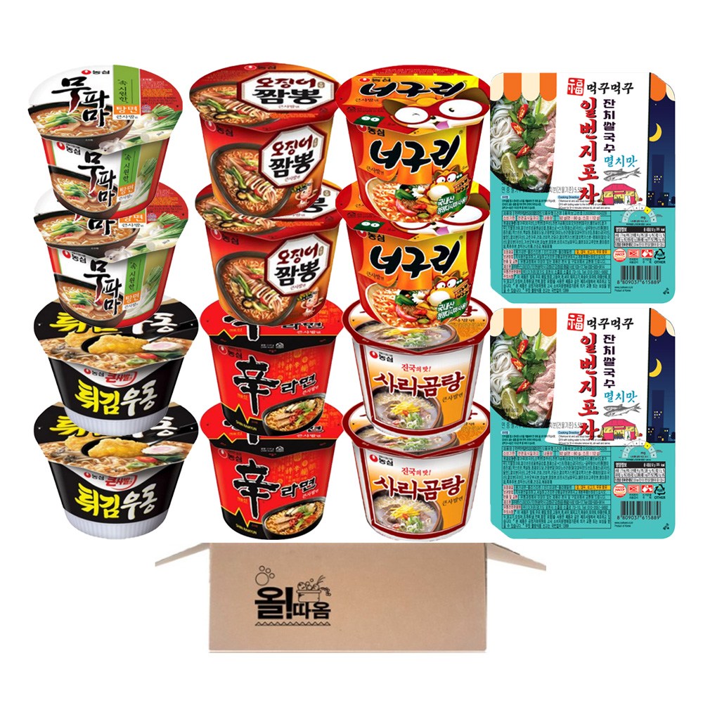 농심 큰컵라면 & 쌀국수 14개 기획세트 (신라면2+너구리2+오징어짬뽕2+튀김우동2+무파마2+사리곰탕2+먹꾸먹꾸 멸치맛잔치쌀국수2) 19,980원