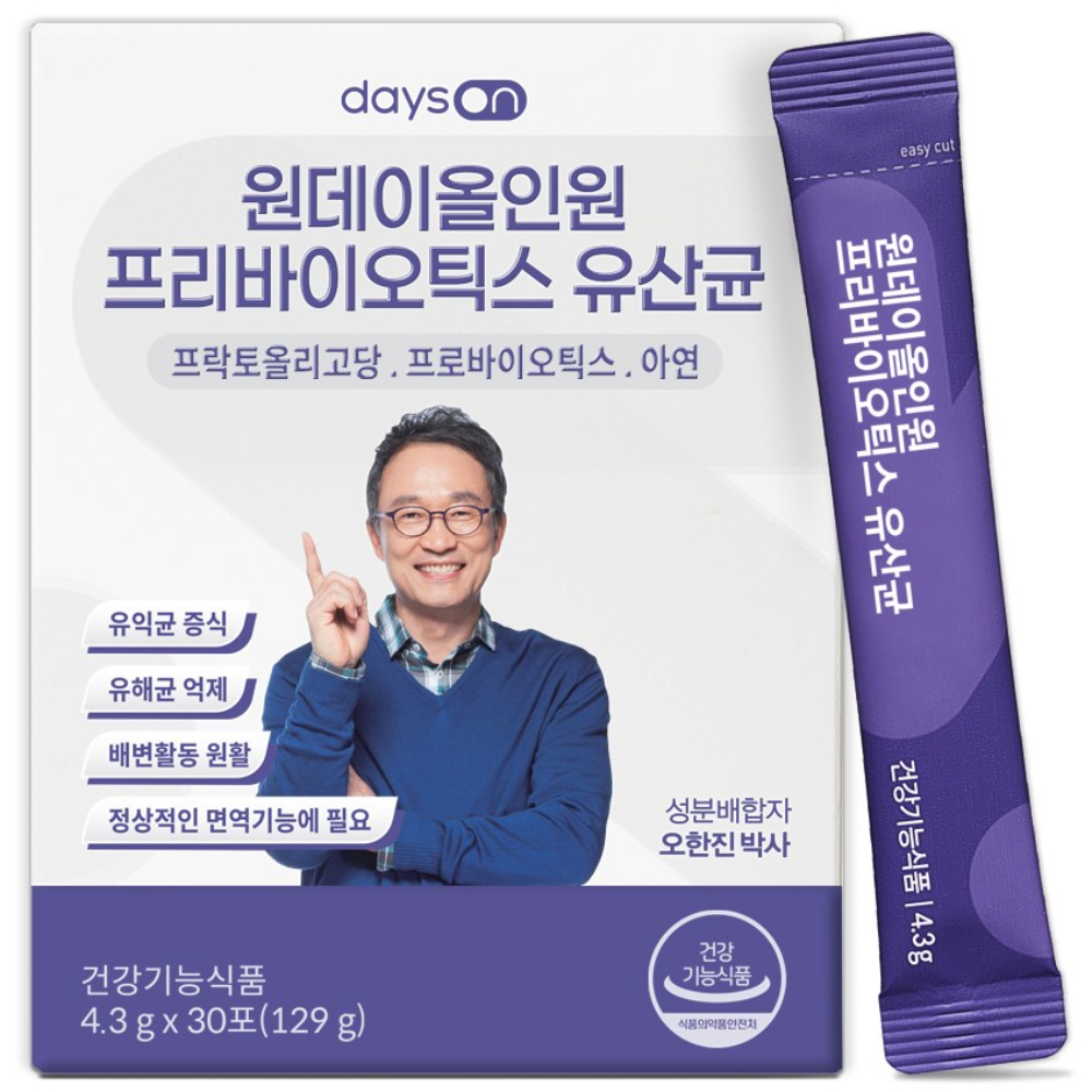 데이즈온 오한진 원데이올인원 프리바이오틱스 유산균 1박스(1개월분), 1박스, 129g 16,480원