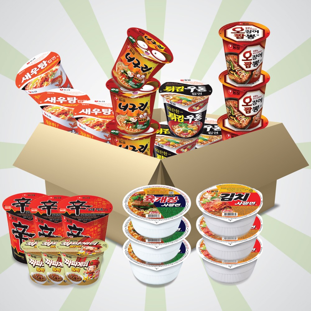 [와우팡팡]농심 소컵라면 8종 24개 1세트(육개장사발면3+김치사발면3+신라면3+새우탕3+튀김우동3+짜파게티범벅3+오징어짬뽕3+너구리3) 30,500원