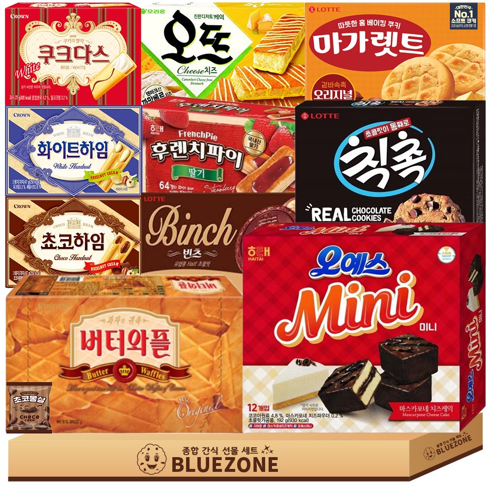사무실 과자 곽과자 세트 오뜨치즈144 오예스미니192 칙촉180 빈츠102 후렌치파이192 초코하임47 화이트하임47 쿠크다스77g 마가렛트176 버터와플237 몽실22, 11개, 과자 29,900원