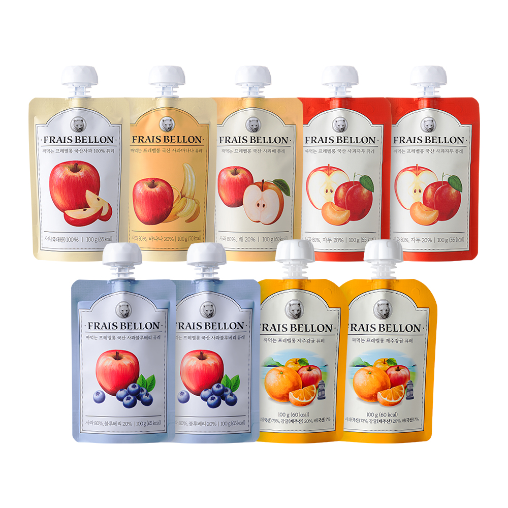 프레벨롱 짜먹는 국산 과일퓨레 9팩, 사과 + 혼합맛(사과/바나나) + 혼합맛(사과/배) + 혼합맛(사과/자두) + 혼합맛(사과/블루베리) + 제주감귤, 900g, 1세트 29,700원