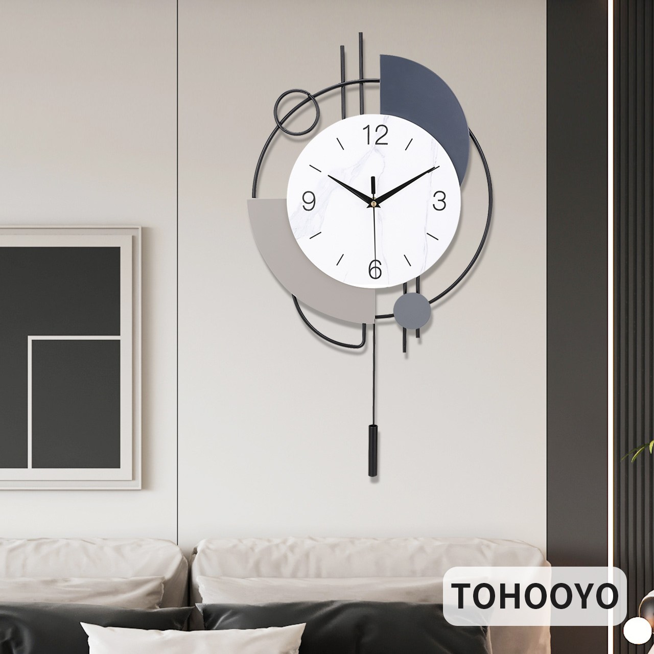 블랙 프레임 지오메트리 벽시계, 그레이 톤 추 디자인 대리석 패턴 모던 미니멀 럭셔리 무소음 인테리어 소품 집들이선물, Black 47,250원