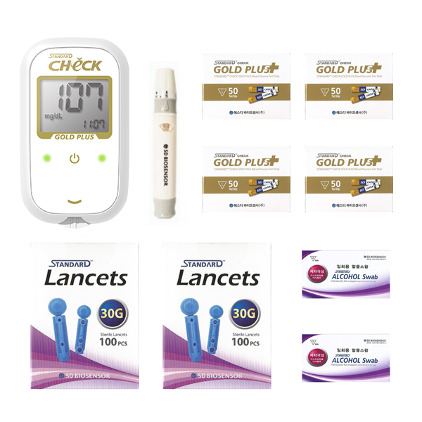 에스디바이오센서 스탠다드체크 골드플러스 혈당측정기 풀세트 (기계+시험지200매+SD채혈침210개+SD알콜솜200매+채혈기+파우치) SW 50,000원