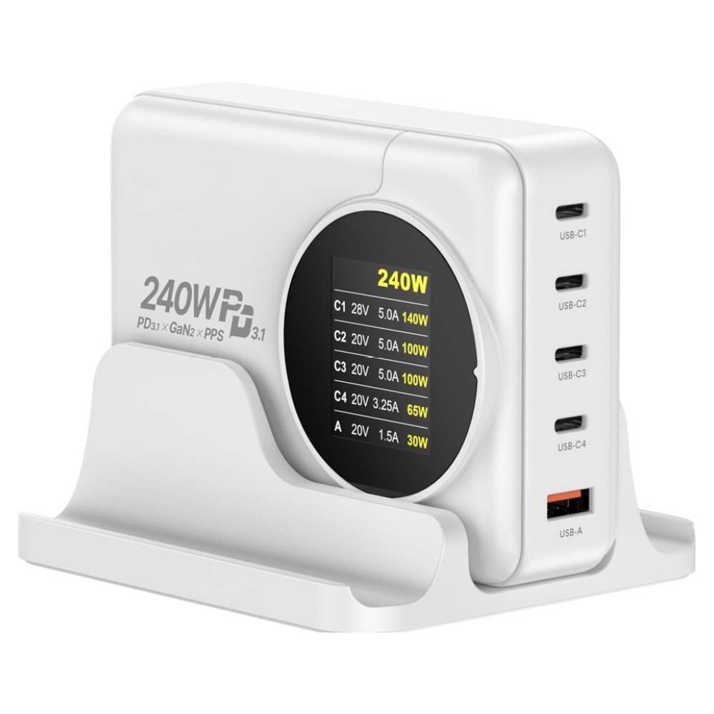 유엠투 240W 전력표시 디스플레이 GaN2 PD 접지형 5포트 고속 충전기 + 전용 거치대 세트, 화이트 109,670원