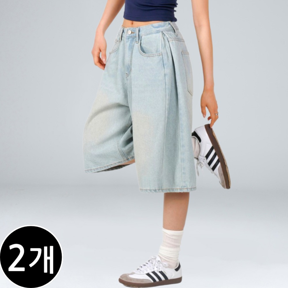 2장 세트 남녀공용 사이드 턱 워싱 와이드 버뮤다 데님 팬츠 반바지 빅사이즈 (6571-2), 현재가 77,820원