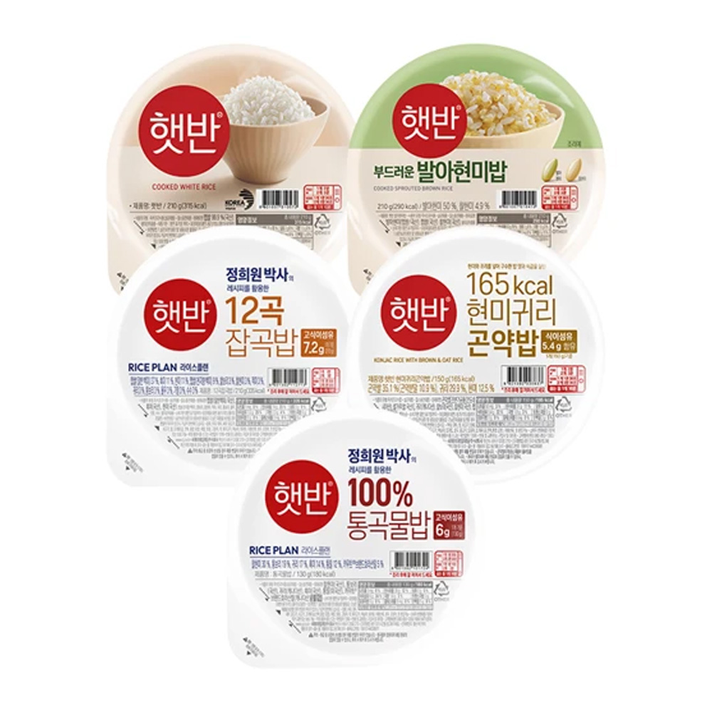 햇반 210g 1P+발아현미 210g 1P+라이스플랜 12곡잡곡밥 210g 1P+라이스플랜 현미귀리곤약밥 150g 1P+라이스플랜 100% 통곡물밥 130g 1P, 5팩, 910g 49,900원