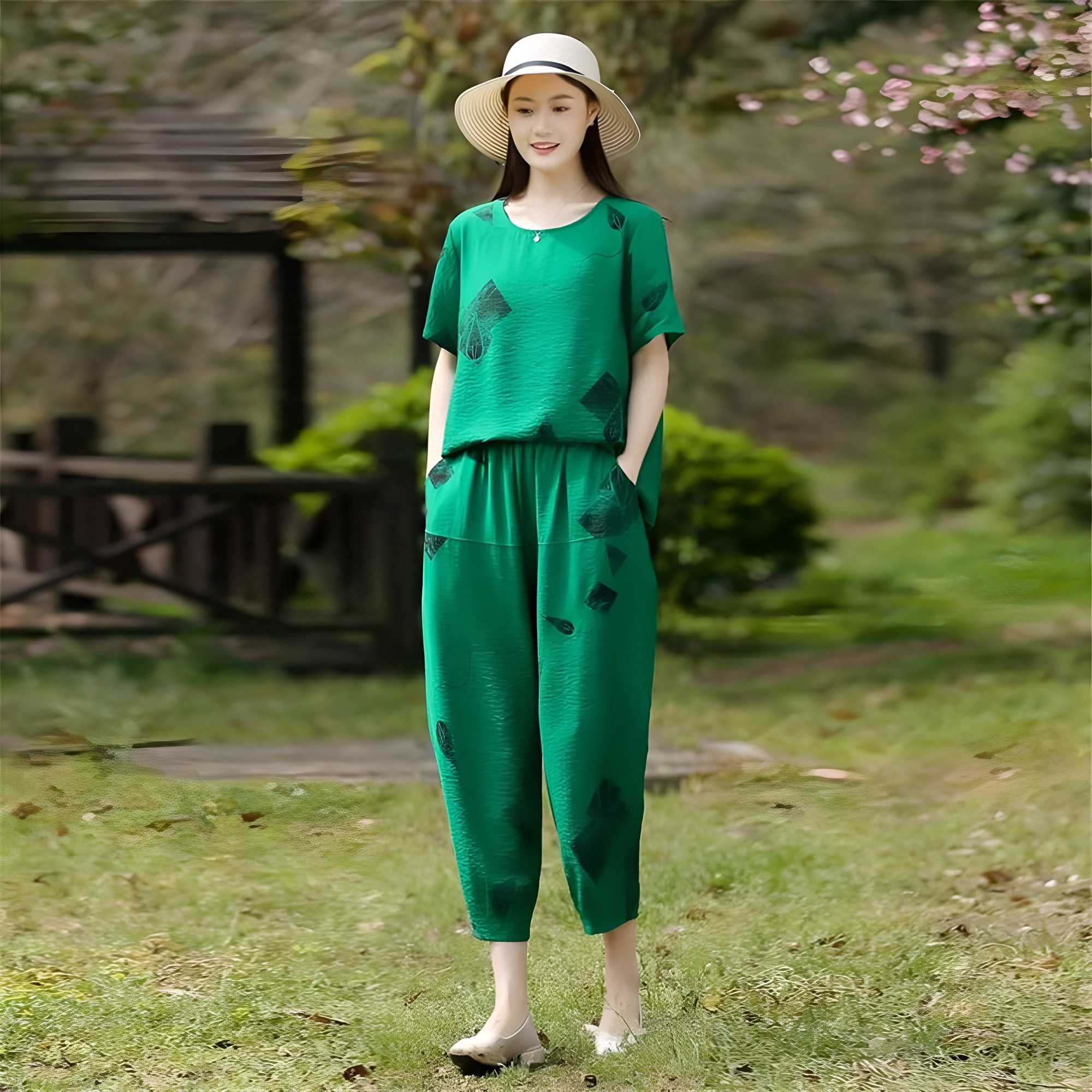 besteffie 투피스세트 여성 봄 여름 라운드넥 루즈핏 반팔티셔츠+9부바지 린넨세트 편한 캐주얼 빅사이즈 중년여성옷 상하세트 C88 24,990원