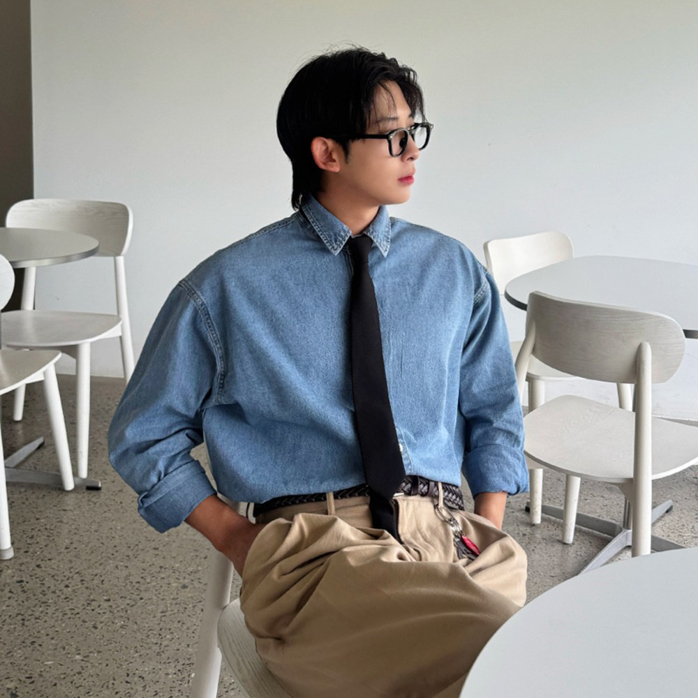 뎀피 남자 남성 릴렉스 루즈 오버핏 데님 청 긴팔 셔츠 남방 35,800원