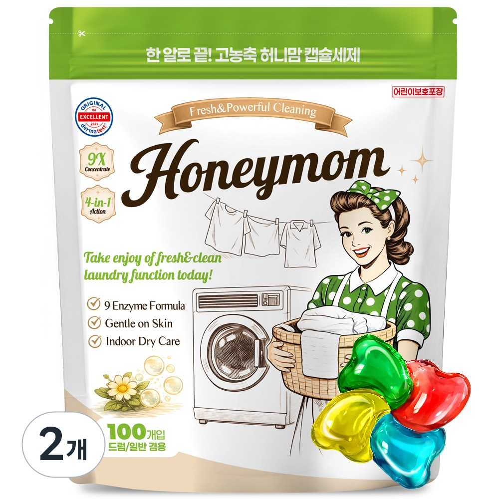 허니맘 캡슐세제 일반용량 2배 16g x 100개 세탁세제 일반용 드럼용 양재동꽃시장향, 2개, 100개입 15,690원