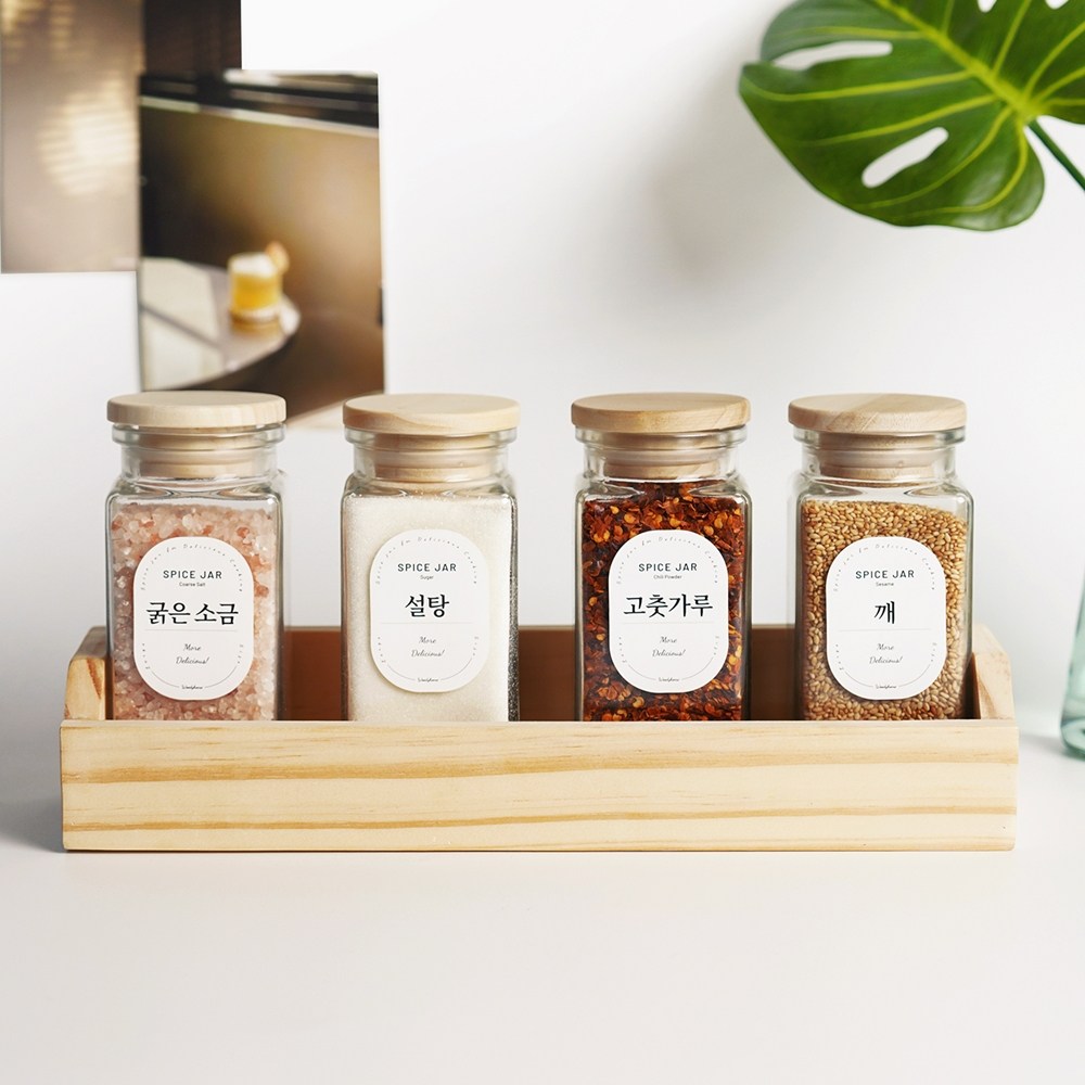고운데코 양념통 세트 1단 원목 정리대 양념병 4P 밀폐 주방, 1세트, 내추럴 선반 1P+사각유리 대4P+스티커1P 25,900원