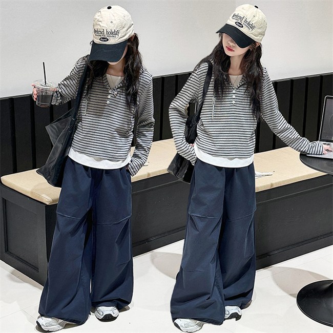 비비키드 신상 초등생 스트라이프 후드 페이크 레이어드 긴팔 상의 초중생 하의 긴바지 주니어 세트 여아 봄 가을 초등생 상의+하의 (77715) 43,800원