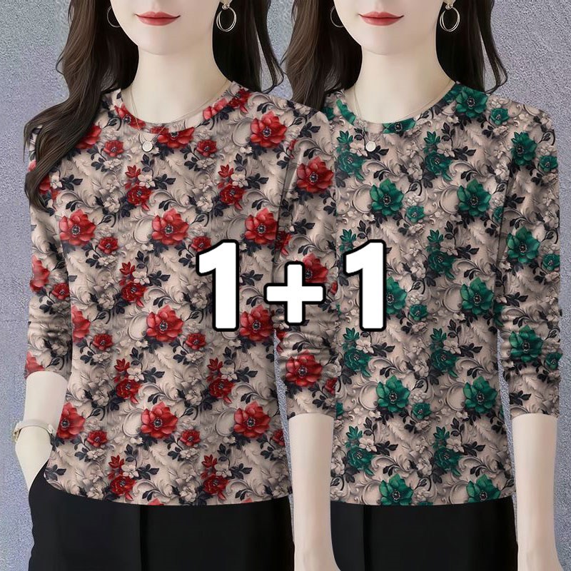 꽃소담 1+1 중년여성 꽃무늬 프린팅 라운드넥 긴팔 티셔츠 엄마 봄가을 긴팔티 HXY26A395 19,530원