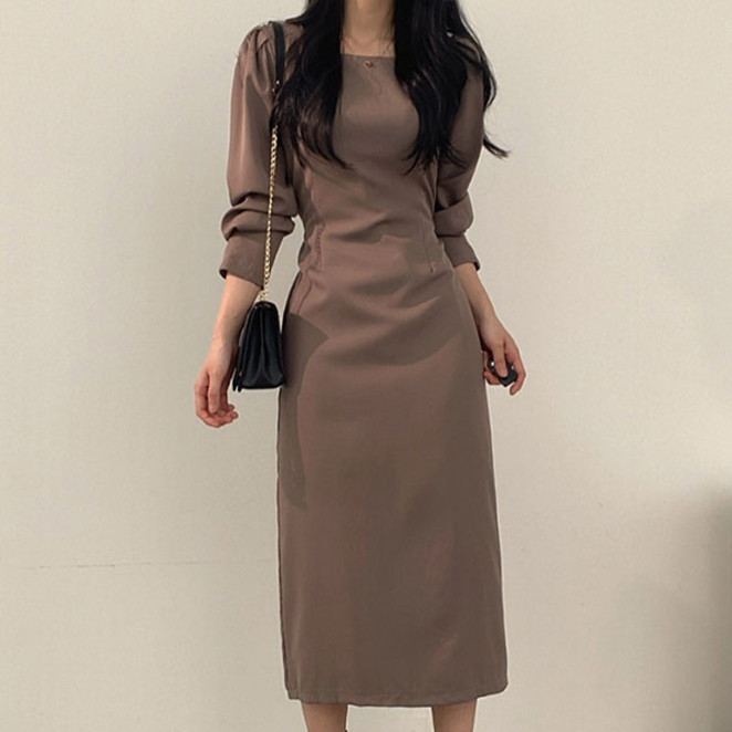 더시럽 여성용 스퀘어넥 슬림 퍼프 소매 롱 원피스 38,510원