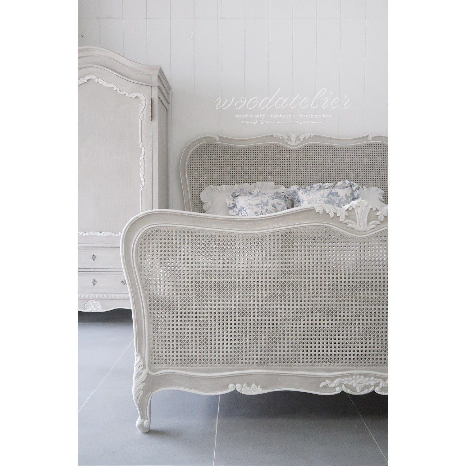 모니카 라탄 침대 [우드아뜰리에/프렌치쉐비/쉐비가구/프렌치가구/프렌치인테리어/쉐비인테리어/신혼가구/카페/스튜디오], 베이지그레이 1,850,000원