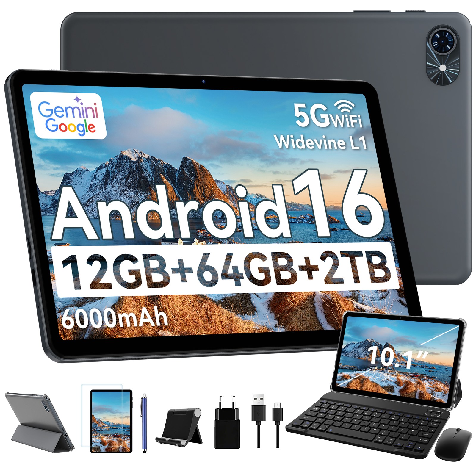 TABWEE 10인치 Android16 태블릿 pc 패키지 Gemini 2.0 2026신형 12GB+64GB 확장 키보드펜 포함 5G WiFi 6000mAh 패키지 169,000원