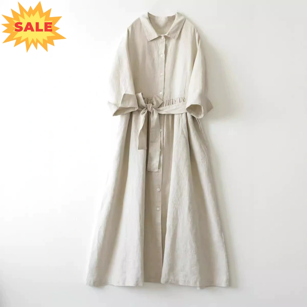 POMTOR 여성 여름 빅 사이즈 루즈핏 바캉스 린넨 카라 반팔 롱 원피스 25,530원