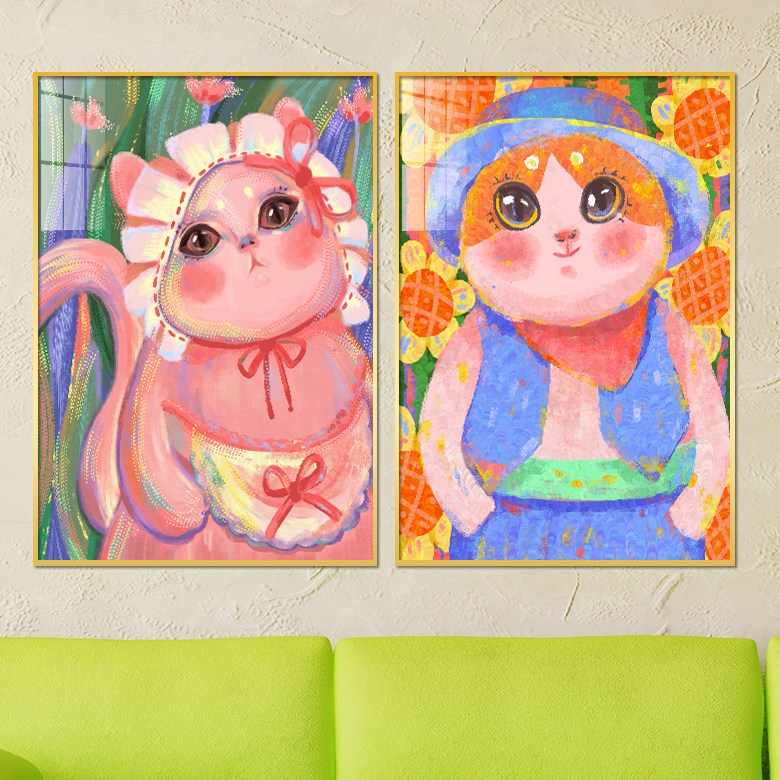 아트블루 핑크 고양이 동물 그림 액자 아이방 아기방 인테리어, 3_핑크고양이 앞치마_파란모자_2개 세트 59,800원
