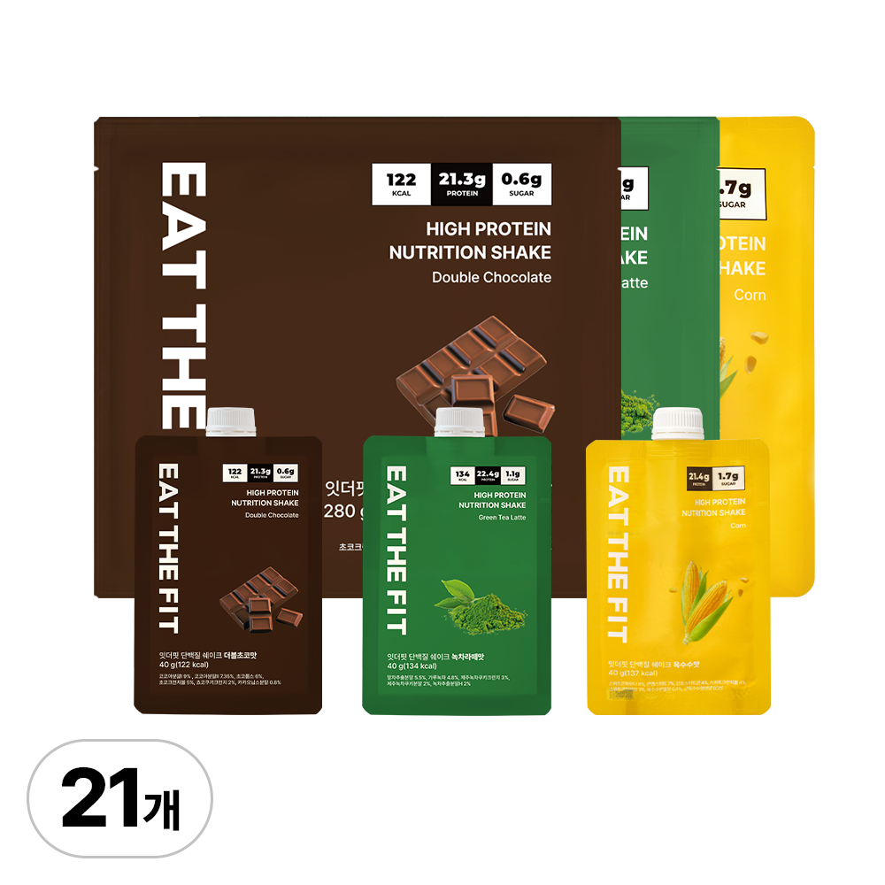 잇더핏 단백질 쉐이크 3주플랜 (더블초코맛 1주+녹차라떼맛 1주+옥수수맛 1주), 280g, 3개 71,900원