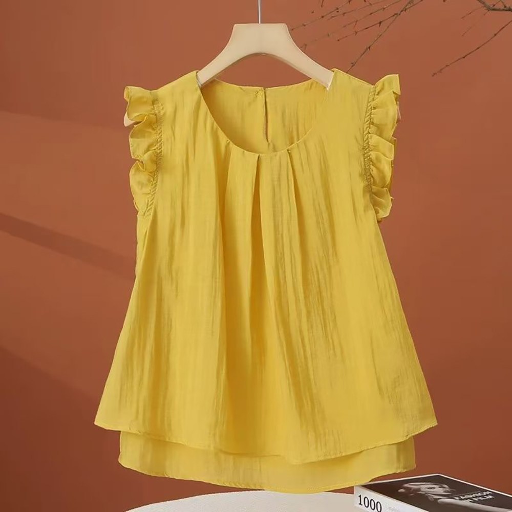 IWMAFT 여성 여름 프릴소 민소매 블라우스 루즈핏 플레어 라운드넥 단색 데일리 캐주얼 상의 KT114 17,600원