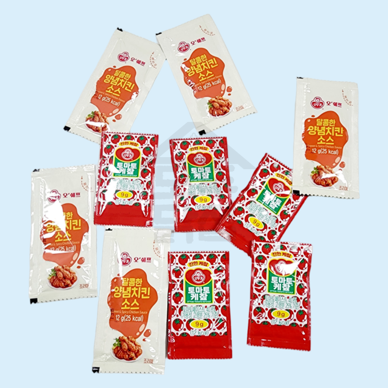 오뚜기 봉지 소포장 일회용 양념치킨소스 12g 5개 + 토마토케찹 9g 5개 낱개포장 세트, 12g, 1개 980원