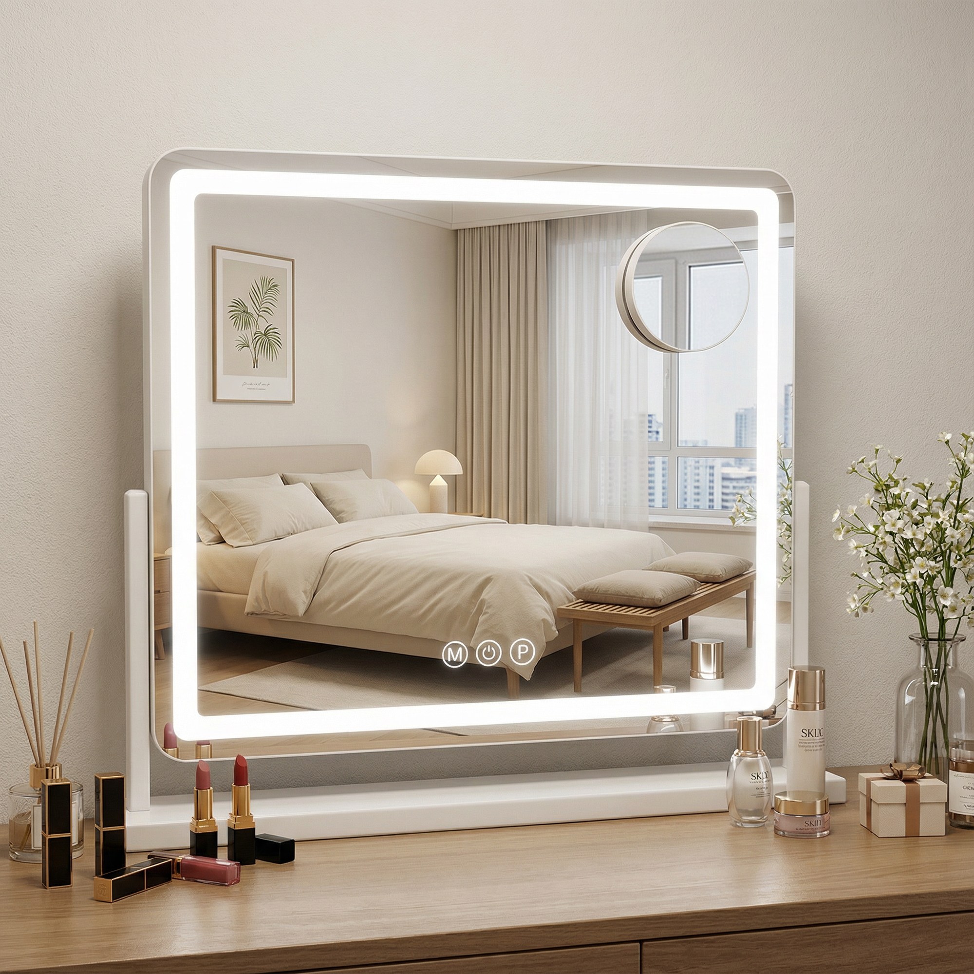 안토크 LED 메이크업 거울 스마트 원터치 360도 화전 3컬러 100단 조명 화장대거울 탁상거울 충전식 USB 가능 69,430원