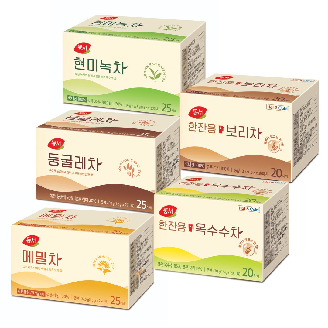 동서 티백 5종세트(현미녹차+둥굴레차+메밀차+한잔용보리차+한잔용옥수수차) 12,900원