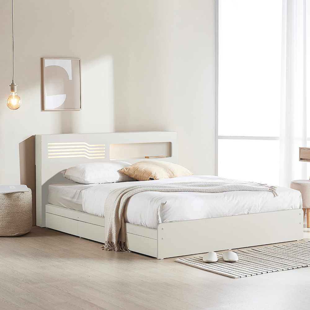 파로마 레아 LED 멀티수납침대 프레임 + 본넬 매트리스 세트 방문설치, 화이트 376,000원